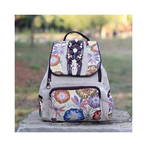 New National string appliques women hasp backpacks!Nice floral prints lady Casual backrack All-match Bohemian canvas backruck