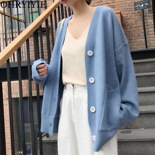 OHRYIYIE Solid Color 2021 Autumn Winter Sweater New Knit Female Oversize Cardigan Women Loose V Neck Knitted Sweaters Fall Coat