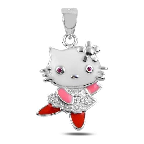 Silver 925 Sterling Enamel & Zircon Stone Cat Pendant