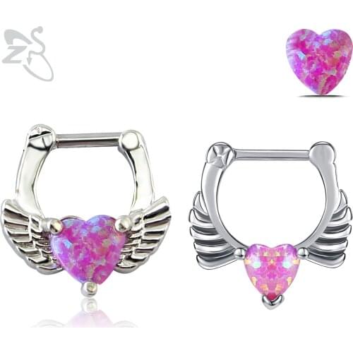 1pc Stainless Steel Pink Heart Opal Real Pieced Nose Stud Septum Clicker Rings Piercing Angel Wing Copper Body Jewelry Supplier