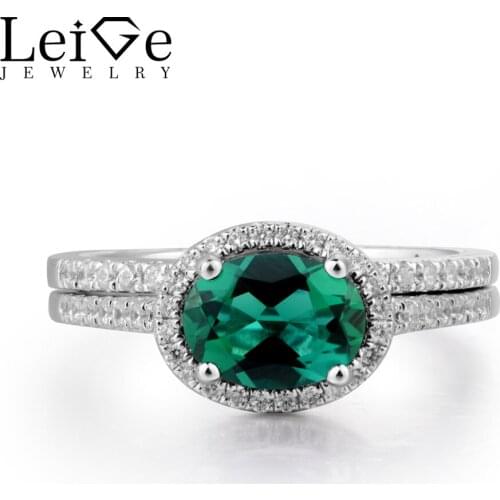 Leige Jewelry Emerald Wedding Ring Emerald Ring May Birthstone Oval Cut Green Gemstone 925 Sterling Silver Bridal Sets for Women