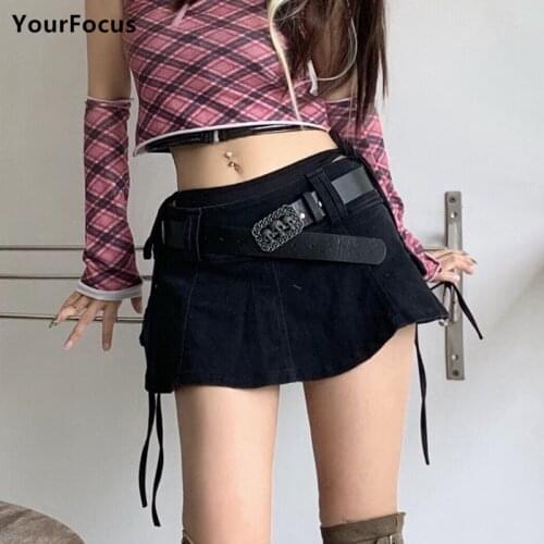 80s Harajuku Y2k Egirl Gothic Punk Black Skirt Vintage Pocket Mini Skirt Low Waist Skull Belt Denim Skirt