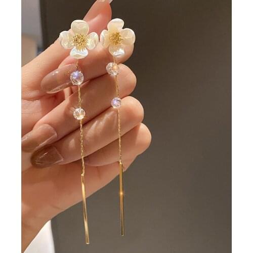 Shell Flower Long Earrings for Women 2021 Fashion Crystal Dangle Earring Female Sweet Drop Earring Gold Brincos Accessories