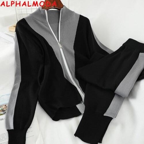 ALPHALMODA Hit Color Zipper Cardigans Pants Women 2pcs Tracksuit Knit Sweater Jacket Trousers Casual Female 2pcs Lounge Wear Set