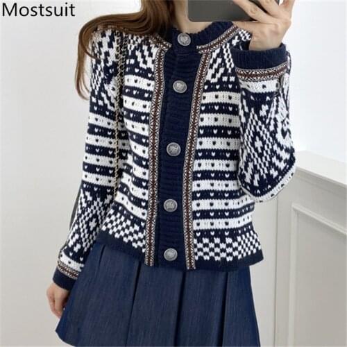 2020 Autumn Geometric Knitted Korean Cardigans Sweaters Women Long Sleeve Single-breasted Vintage Elegant Ladies Tops Cardigans