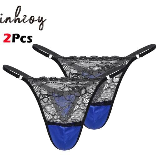 2Pcs Men Sissy Thong Lace Panties Sexy Satin G-string T-back Briefs Lingerie