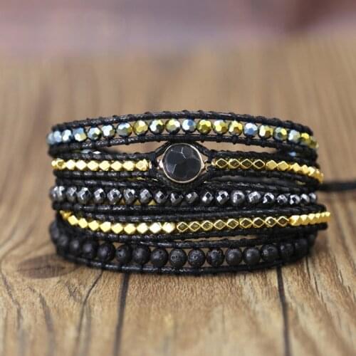2019 Unique Men and Women Vegan Bohemian Black Mix Natural Stone 5 Wraps Bracelet lava stone leather bracelet drop shipping