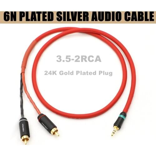 Free Shipping Transient 3.5mm Stereo to 2 RCA 24K Gold-Plug Male Audio Adapter Cable 6N Silver-Plated Audio Cable