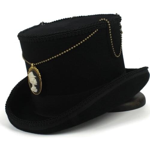 15CM Black Top Hat Wool Women Men Steampunk Fedora Hat With Handmade Magic Cosplay Party Cylinder Hat Dropshipping
