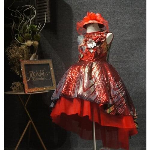 Real Picture Sleeveless Lace Applique Red Girls Birthday Party Dresses Princess Ball Gowns Children Girls Red Celebration Gowns