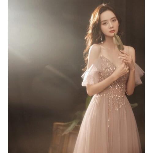 Elegant Spaghetti Strap Prom Party Gowns Long Evening Dresses Women Exquisite Beading Sequins Formal Dress