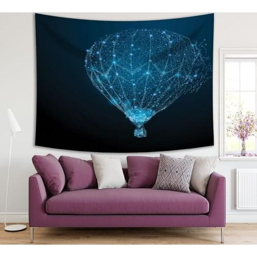 Tapestry Floating Air Balloon Transportation Graphic Design Futuristic Modern Artwork Blue Black