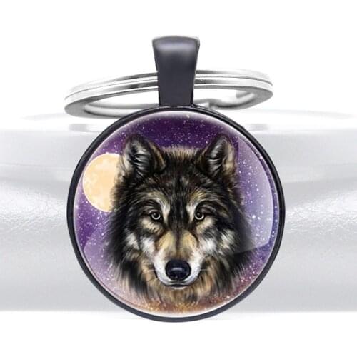 Classic Black Wolf Head Glass Dome Pendant Key Chain Charm Men Women Jewelry Gifts Key Rings