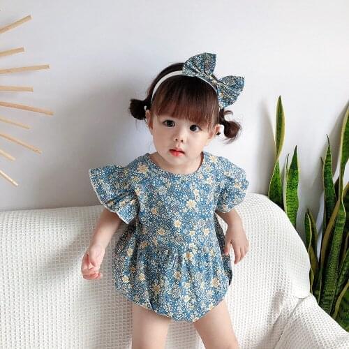 0-18M Hello World Newborn BabyGirl Fly Sleeve Floral Romper Jumpsuit Headband 2PCS Princess Girls Summer Fashion casual Clothes
