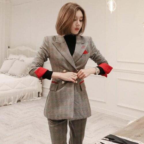 Set female plaid suit jacket trousers two sets of autumn and winter new temperament double-breasted professional casual womens