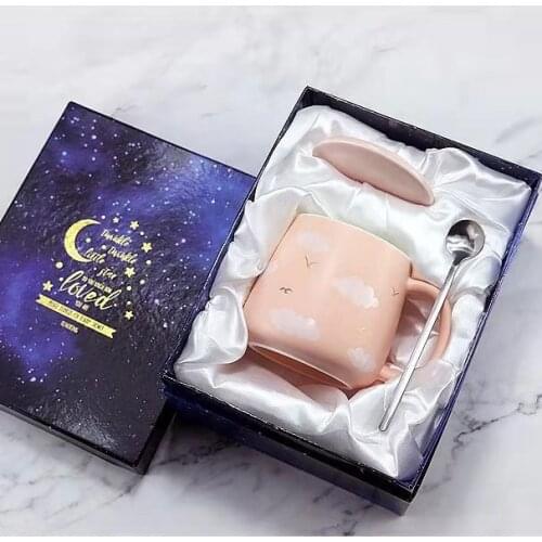 Planet Clouds Mug with Lid Spoon Ceramic Coffee Milk Tea Breakfast Cup Drinkware Novelty Gifts