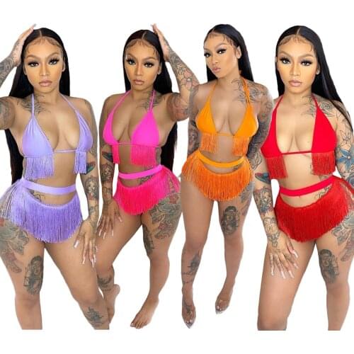 Sexy Solid Color Tassel Swimsuit Beach Wear Summer Crop Tops Shorts Suits Bandage 2 Piece Bikini Sets Club Party Bathing Outfits
