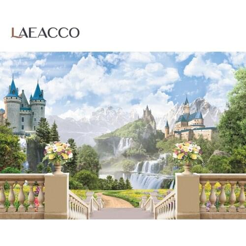 Natural Background For Photography Castle Mountain Waterfall Flowers Staircase Blue Sky Cloudy Scenic Photo Backdrop Photostudio