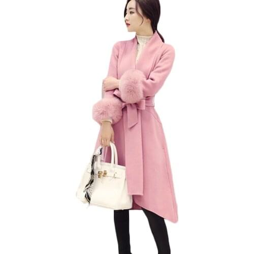 Autumn Winter Korean Imitation Fox Fur Long Women Woolen Coat 2021 New Slim Plus Size Stitching Belt Womens Wool Coat 4XL E097