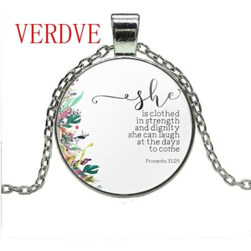 Religious Jewelry She is clothed in strength and dignity Proverbs 31:25 Necklace Bible Verse Inspirational Women Men Gift