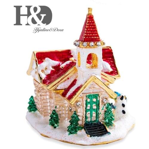 H&D Christmas Gift Enameled and Bejeweled House Shaped Trinket Boxes Hand Painted Jewelry Collectible Box Decorative Ornament