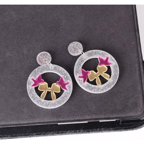 Super Shiny Glittery Big Round Earrings For Women Fashion Cute Hollow Out Bowknot Acrylic Earring E18199