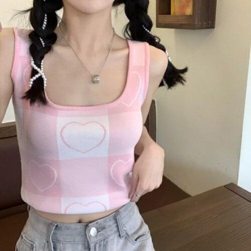 Womens Slim Fit Tank Tops, Cute Plaid Heart Print Sleeveless Square Neck Knit Crop Tops