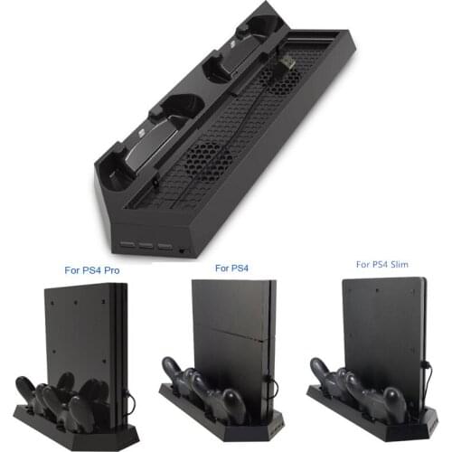 For PS4 / PS4 Pro / PS4 Slim Game Console Vertical Stand Charger Dual Controller Charging Station with Cooling Fan Cooler Stand