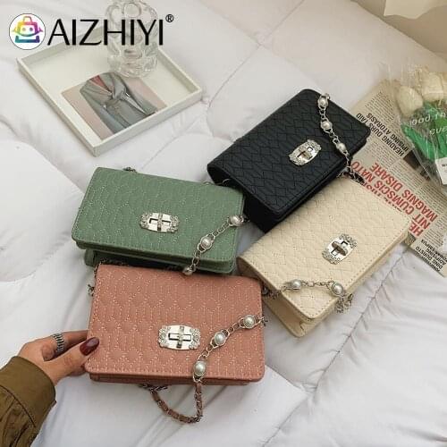 Vintage Women Geometric Embroidery PU Leather Shoulder Crossbody Bags Casual Ladies Pearl Chain Solid Color Handbags Flap Purse