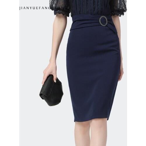 Elegant Sexy Ladies Dark Blue Pencil Skirt Metal Buckle Design Knee-Length 2021 Summer New High Waist Slim Female Office Bottoms