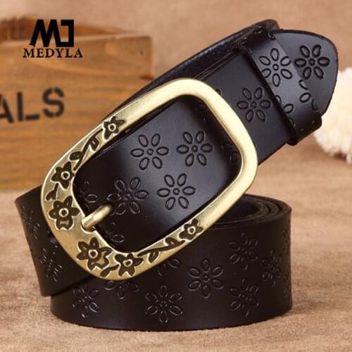 MEDYLA Women Belt Luxury Brand Genuine Leather Alloy Pin Buckle Flower Decoration Casual Belt Cow Skin Belts L25