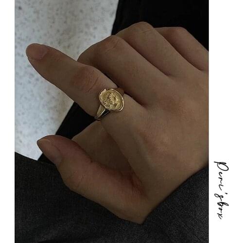 PerisBox Irregular Shape Round Coin Portrait Gold Rings Textured Geometric Rings for Women Minimalist Open Ring Adjustable 2019