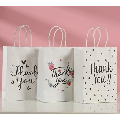 12pcs White Kraft Paper Bags Thank you Gift Candy Bag with Handle Cookie Packaging Favor Boxes Birthday Party Wedding Decoration