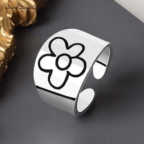30% Silver Copper Rings for Women Simple Punk Rock Simple Fashion Personality Adjustable SunFlower Female Wide Ring Fine Jewelry
