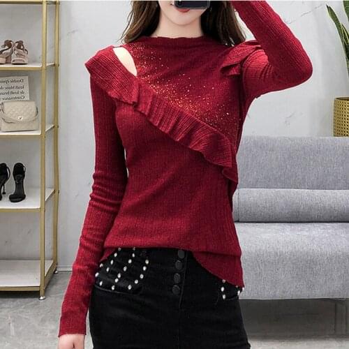#5556 Black Red Khaki T Shirts Female Spliced Ruffles Sexy Turtleneck T-shirt Diamonds Hollow Out Slim Women T Shirt Long Sleeve