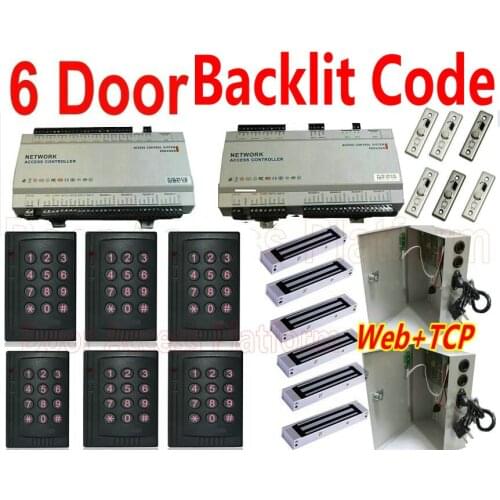 6 Door IP controller Web browser Remote control+Six Door 1 software pc+ and 6 keypad code password id reader+Magnetic+UPS Power
