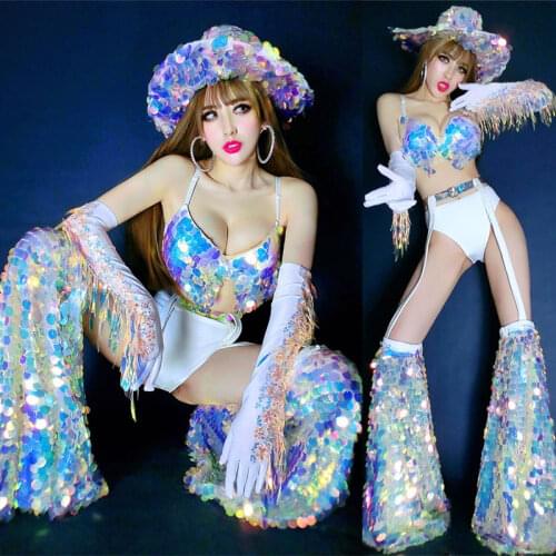 Bar DJ Dancer Singer Sexy Stage Wear Glitter Scale Sequin Bikini Tassel Gloves Outfit Festival Rave Party Show Nightclub Costume