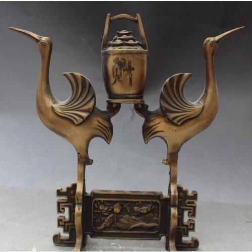 9"Folk Chinese Feng shui Bronze Two Red-crowned crane Treasure bowl Wealth Statue