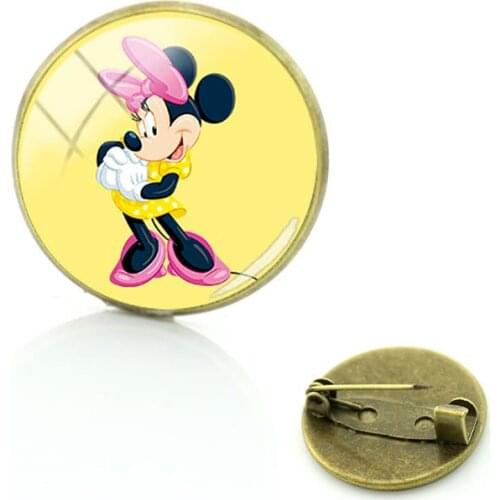 Disney Minnie And Sunflower Brooch Yellow Background Cartoon Style Round Glass Handmade Fashion Jewelry Mens Womens Brooch
