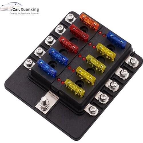 Fuse box Holder M5 Stud With LED Indicator Light 1 in 10 out PC waterproof dust cover for Auto Car Boat Marine Trike