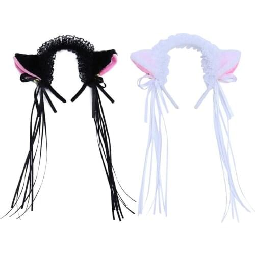 Women Ruffles Lace Headband Plush Cat Ears Ribbon Bell Lolita Cosplay Hair Hoop Anime Cosplay