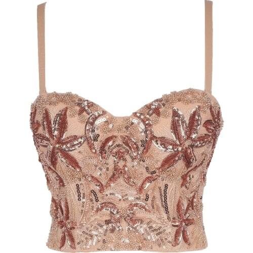 European Style Fashion Underwear Bras Sexy Beaded Sequins Luxury Camisole Top Female Slim Stage Performance Clothing Y1154