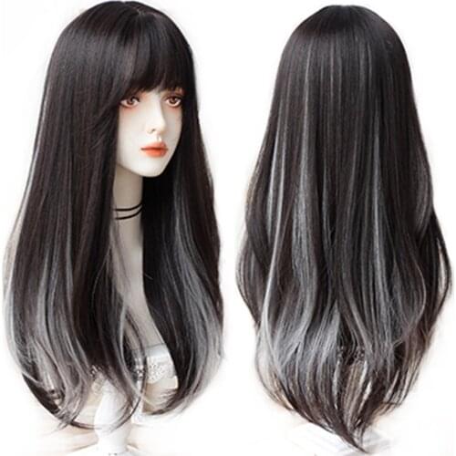 HOIUYAN Wig Female Long Straight Hair Hanging Ear Dyeing Highlighting Gradient Gray and White Synthetic Cosplay Lolita Bangs Jk
