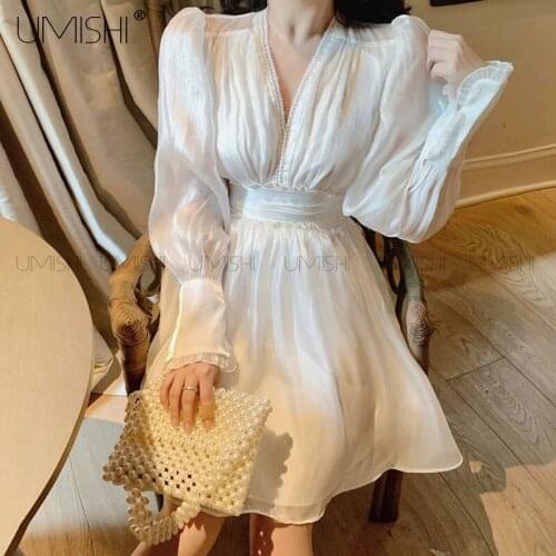 Lace V-Neck See Through Puff Long Sleeve Sexy Backless Vintage Party Woman Dress Satin Elegant French Fairycore Spring Summer