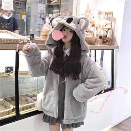 Plush Jacket Women 2021 Autumn Winter New Japanese Soft Girl Cute Koala Ear Hooded Jacket Student Thickened Furry Jacket Girl