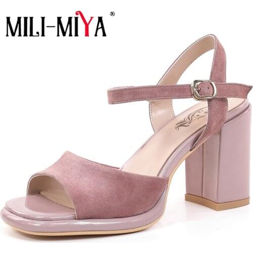 MILI-MIYA Summer Solid Color Sexy Fish Mouth Sandals Women Kid Suede Retro Thick High Heels Buckle Starp Banquet Casual Shoes