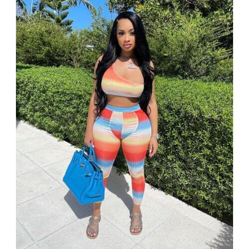 Fashion Womens 2021 Summer New Colorful Gradient Printing 2-piece Set Womens Outfits Lounge Wear