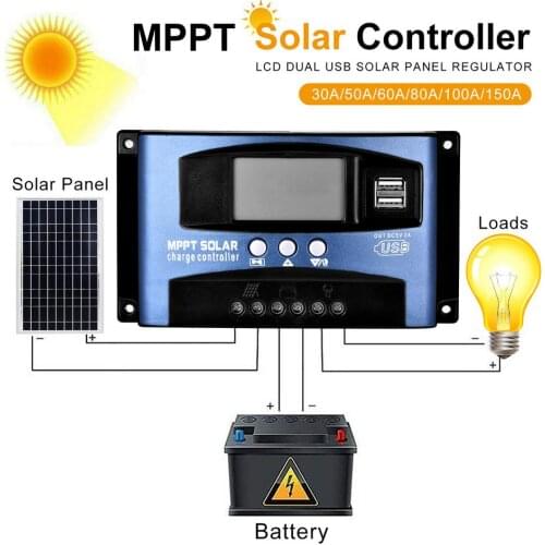 MPPT Solar Charge Controller Lithium Battery Adjustable LCD Display Regulator Dual USB30A 50A 60A 80A 100A 150A Regulator