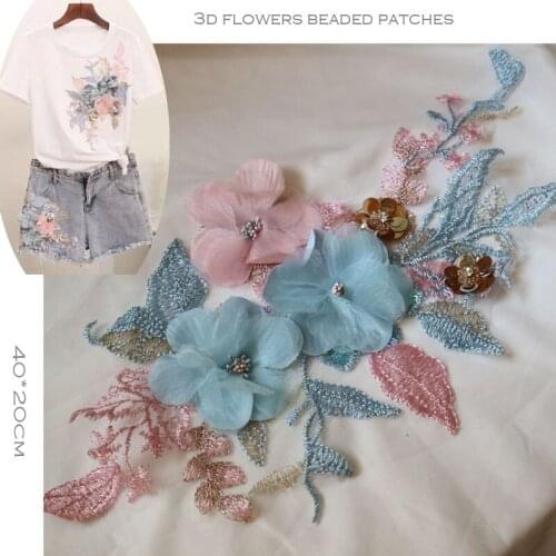 1pc embroidery flower patches for clothing Big rhinestone bead appliques parche for jacket jean DIY handmade clothes accessories