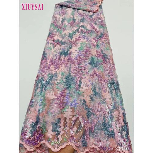 Latest African Mesh Lace Fabric Embroiderey Sequins French Tulle Laces Fabric Sewing Nigerian Lace Fabrics For Dress